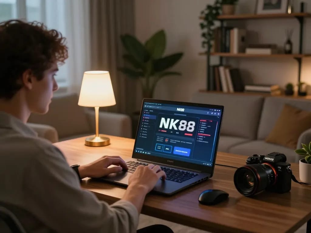 Engaging with NK88 online casino from a cozy home setting during evening gaming session.