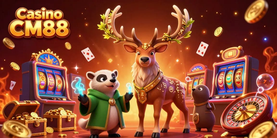 Join the vibrant action at Casino CM88, featuring a druid stag amidst sparkling casino elements.