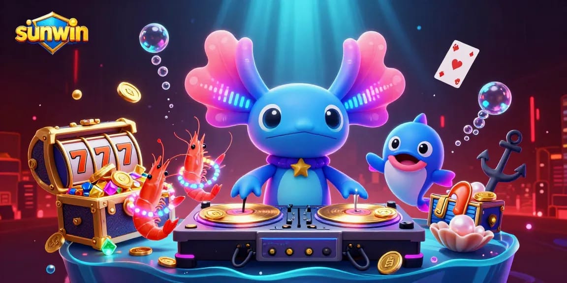 Experience thrilling moments with sunwin as vibrant axolotl DJ spins golden records in an electrifying underwater party.