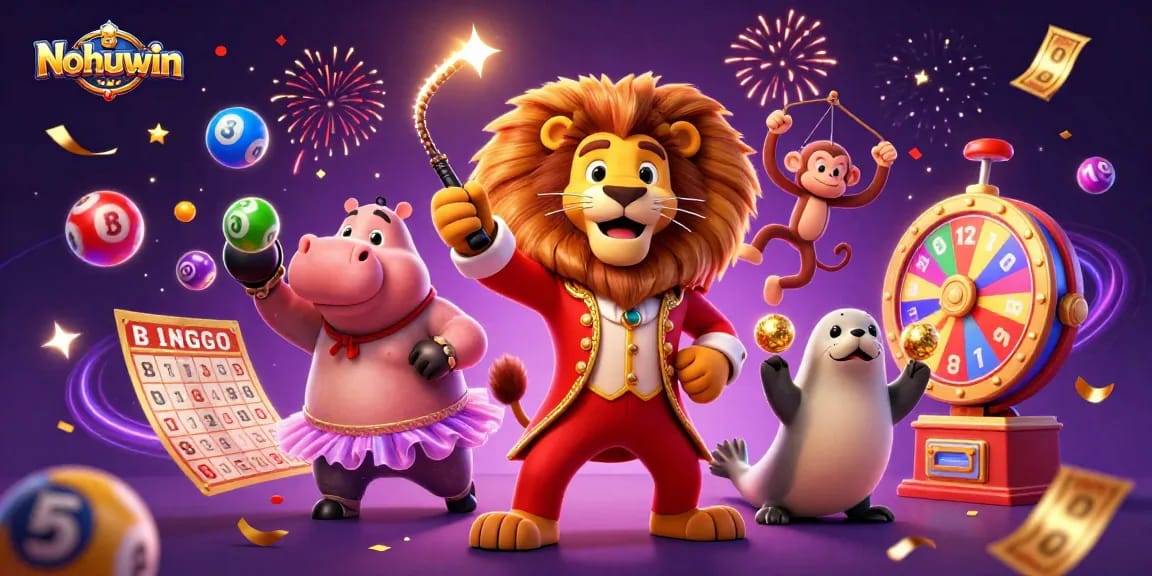 Nohuwin showcases a vibrant casino scene with colorful lottery balls and animated characters.
