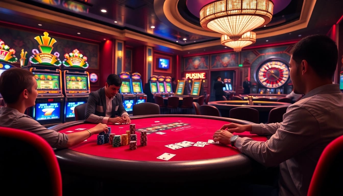 Engaging players at 69vn immerse in vibrant casino excitement with poker chips and slot machines.