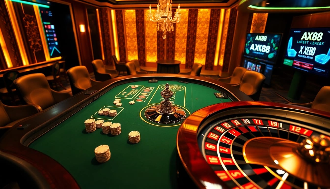 Experience the excitement of AX88 with players enjoying a luxurious casino atmosphere filled with games and strategies.