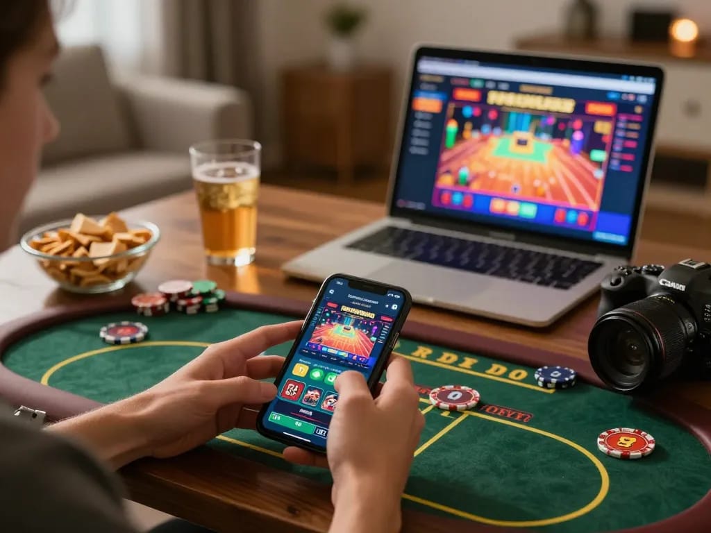 Player engaging with jun88 mobile casino app in a cozy home setting, illustrating responsible gaming.