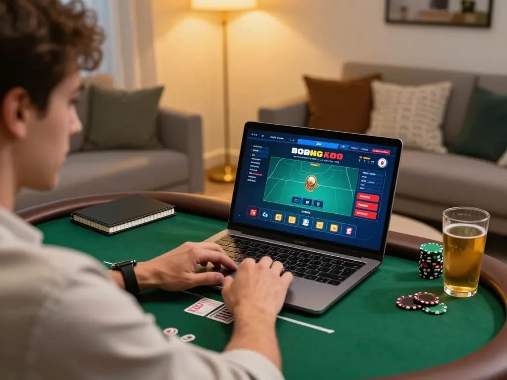 Sunwin player enjoying online casino gameplay on laptop with warm ambient lighting in a cozy room.