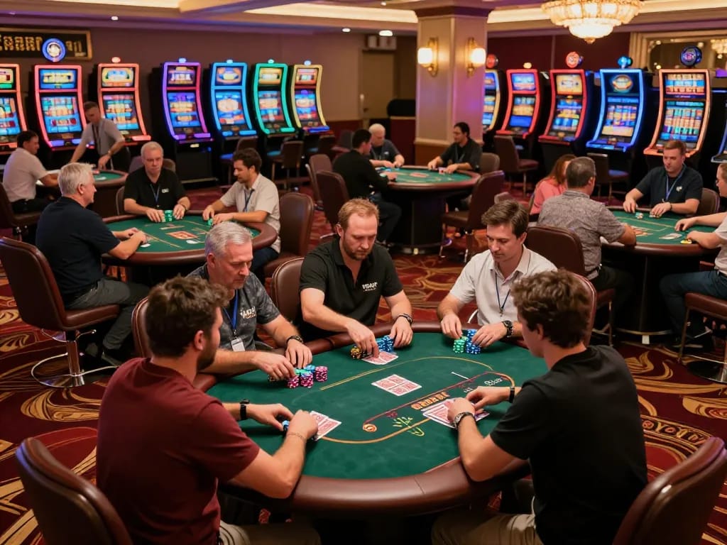 Players enjoying high-stakes poker action at ONBET casino, showcasing vibrant atmosphere and strategic gameplay.