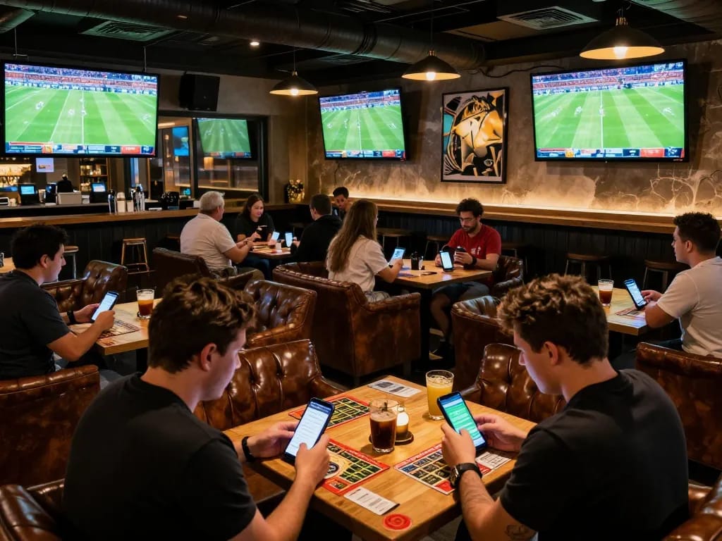 Engaged bettors using keonhacai app at lively sports bar with screens showing live matches