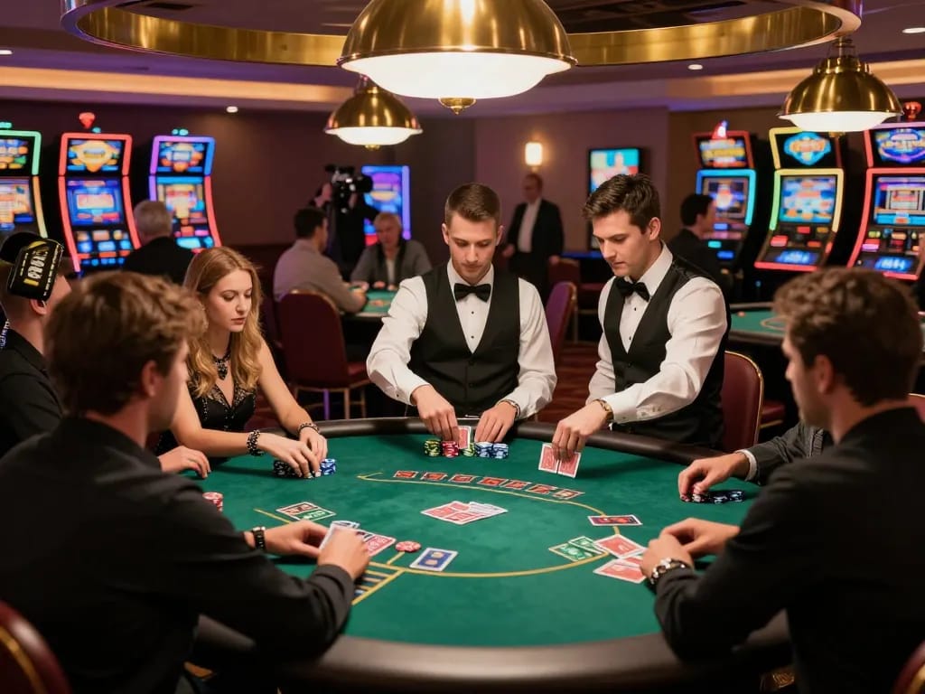 Players enjoying intense poker action at N88 casino, with dealers and vibrant casino lighting.
