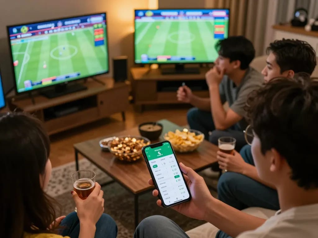 Person engaging in sports betting with Kèo nhà cái 5 app on smartphone, surrounded by friends and snacks.
