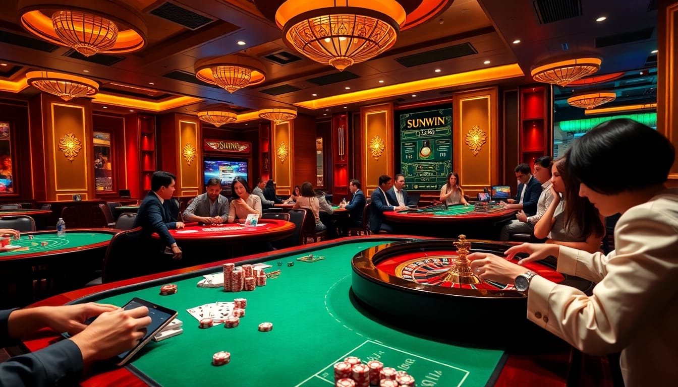 SUNWIN players enjoying an authentic gaming experience with poker tables and roulette wheels.