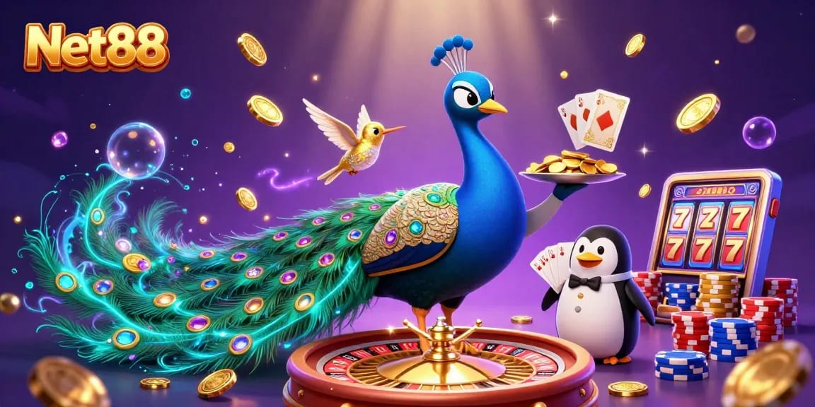 Engage with Net88's thrilling casino experience featuring vibrant characters and gaming elements.