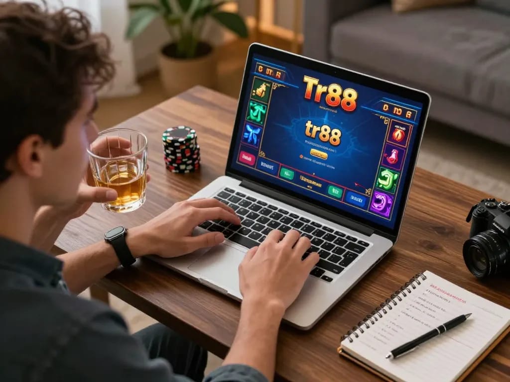 Engaged player enjoying tr88 online gambling on a laptop in a cozy living room.