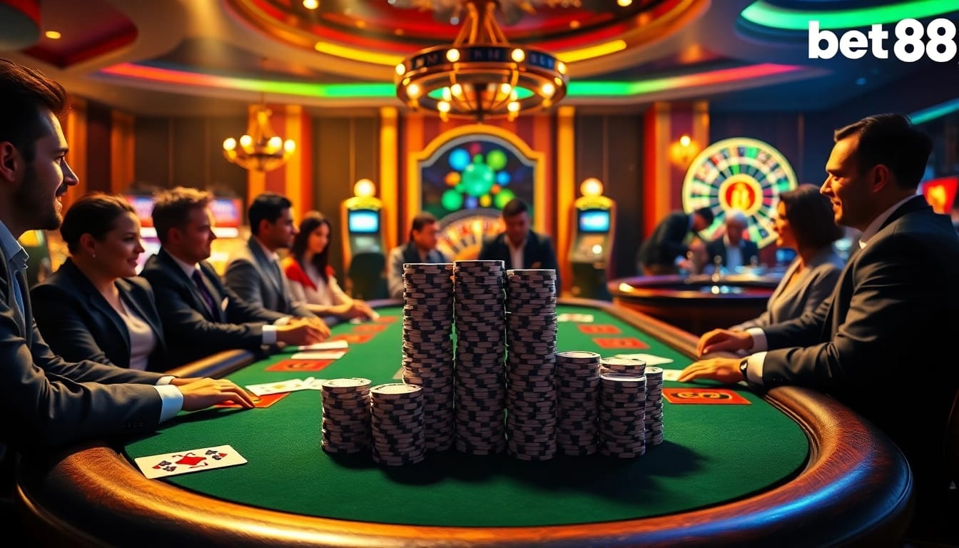 Engage in high-stakes poker action at https://bet88e.gold/ with vibrant visuals of enthusiastic players and luxurious casino elements.