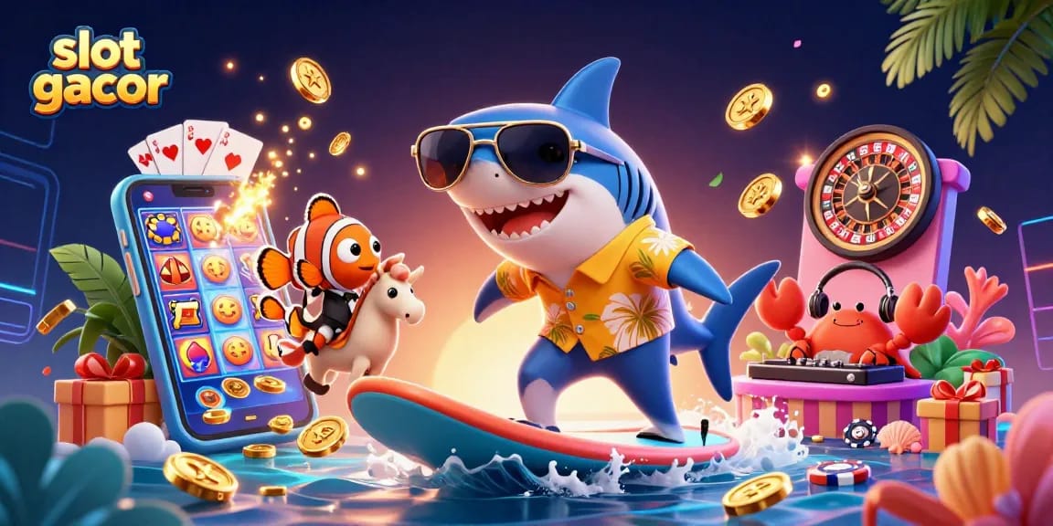 Spin reels and win big with slot gacor action, featuring a vibrant casino scene with playful characters.