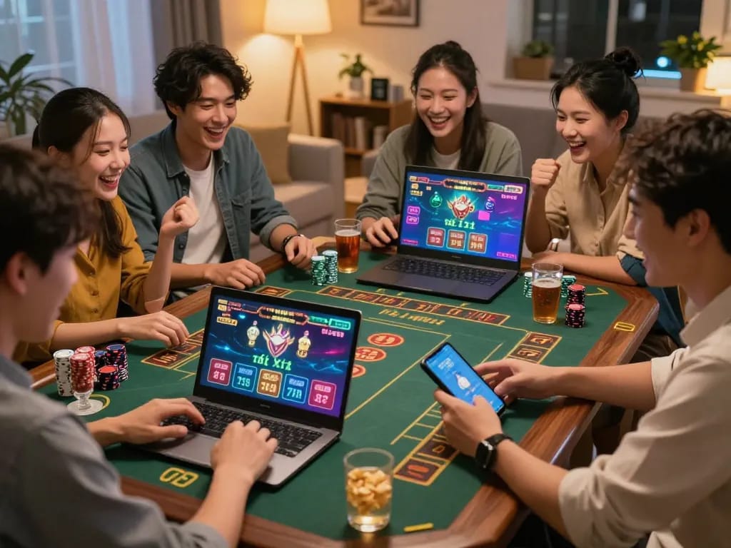 Tài Xỉu enthusiasts placing bets during a lively online gaming session at home.