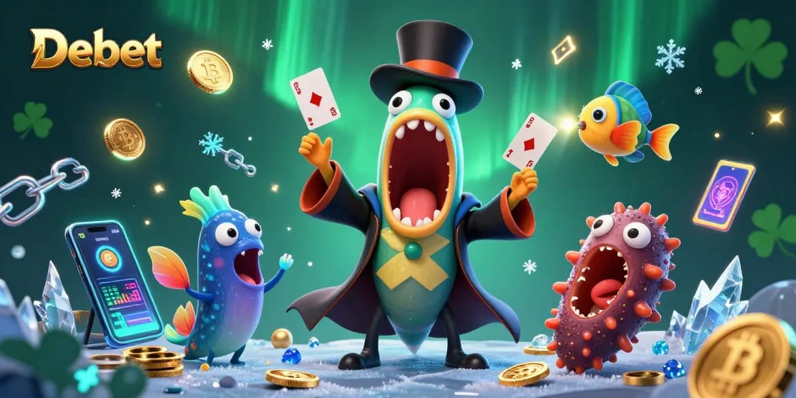 Experience thrilling card tricks from Debet's enchanted undersea magicians amidst vibrant crypto visuals.