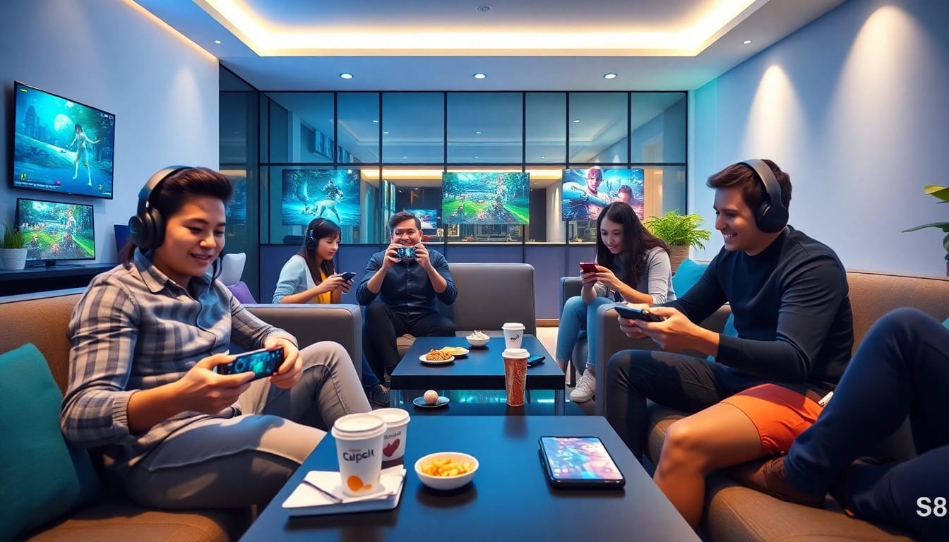 Dynamic gaming scene showcasing players with Samsung S8 devices at S8 online gaming lounge.