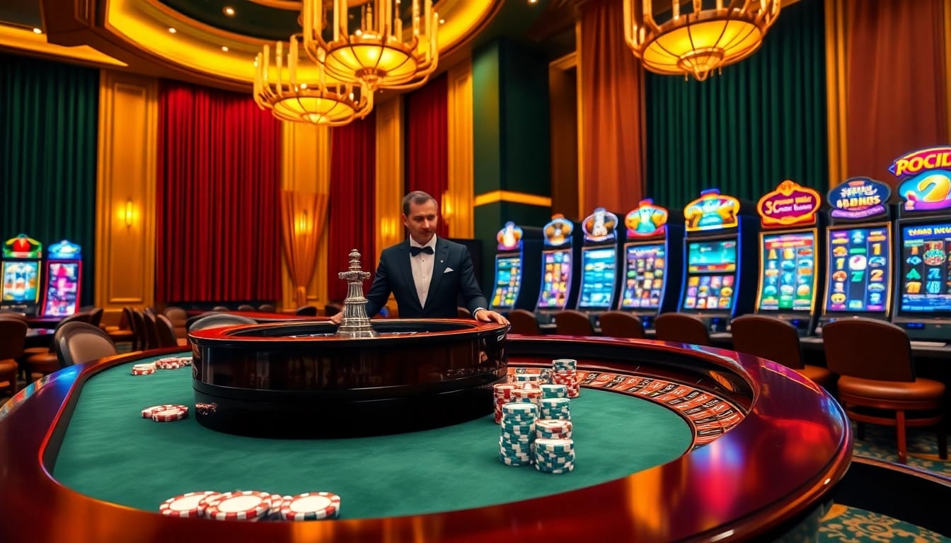 Experience the thrill of nổ hũ as players engage in high-stakes excitement at an elegant casino.
