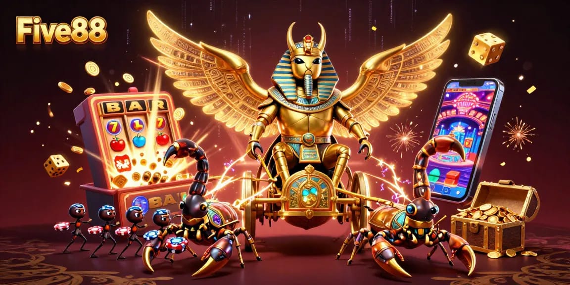 Join the Five88 casino adventure with a golden scarab and jewel-encrusted scorpions!