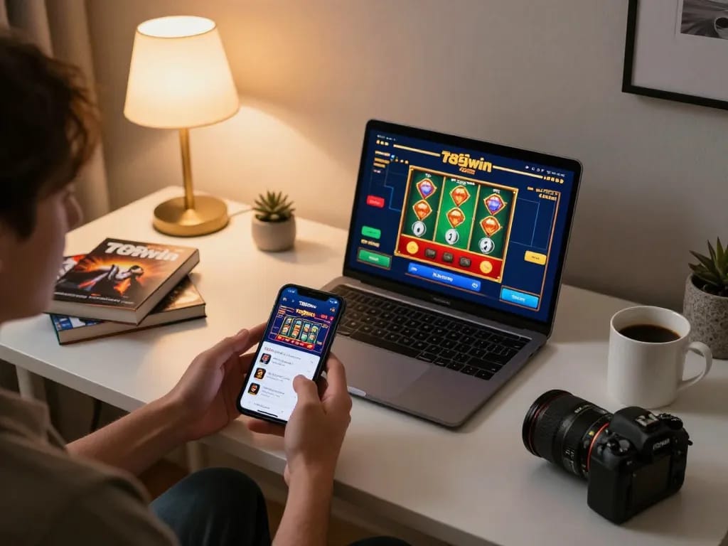 Engaging in online gaming with the 789win app on a smartphone in a stylish home setting
