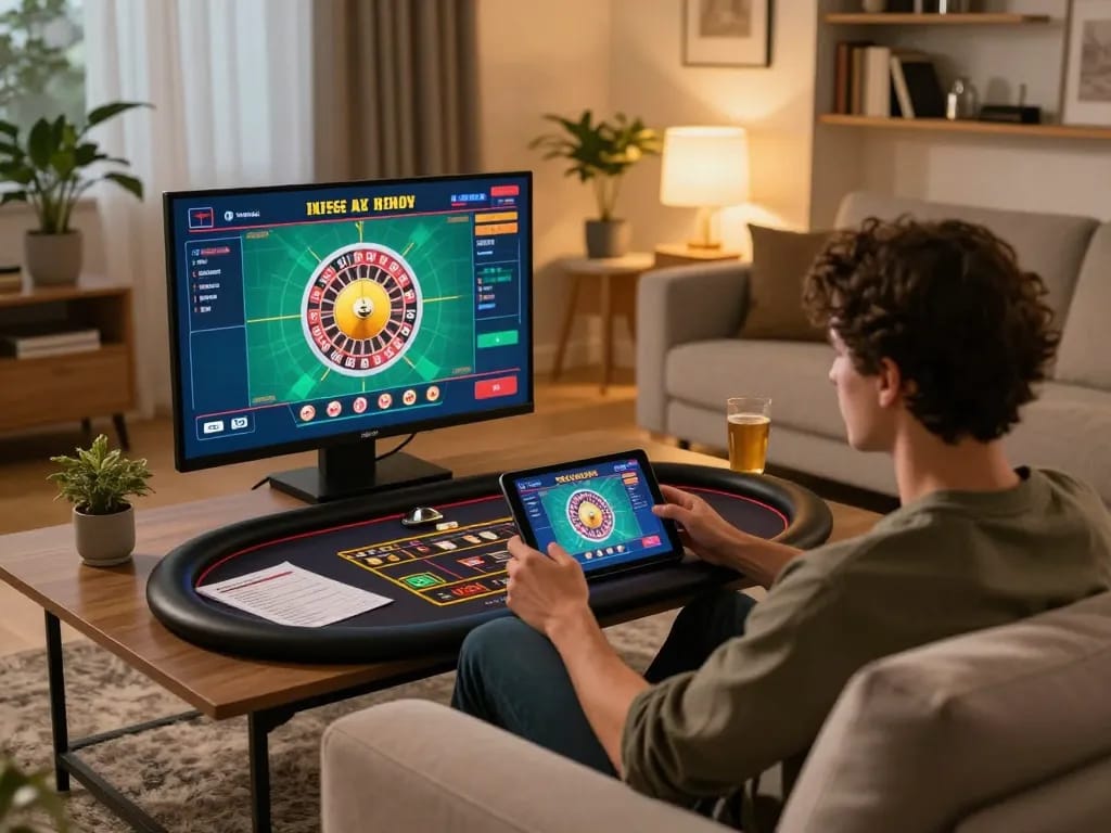 Player engaging with rr88 roulette game on tablet, showcasing immersive home casino experience.