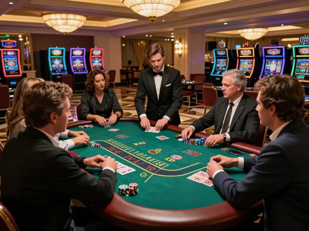 Onbet players intensively strategizing during a thrilling blackjack game at a luxury casino.