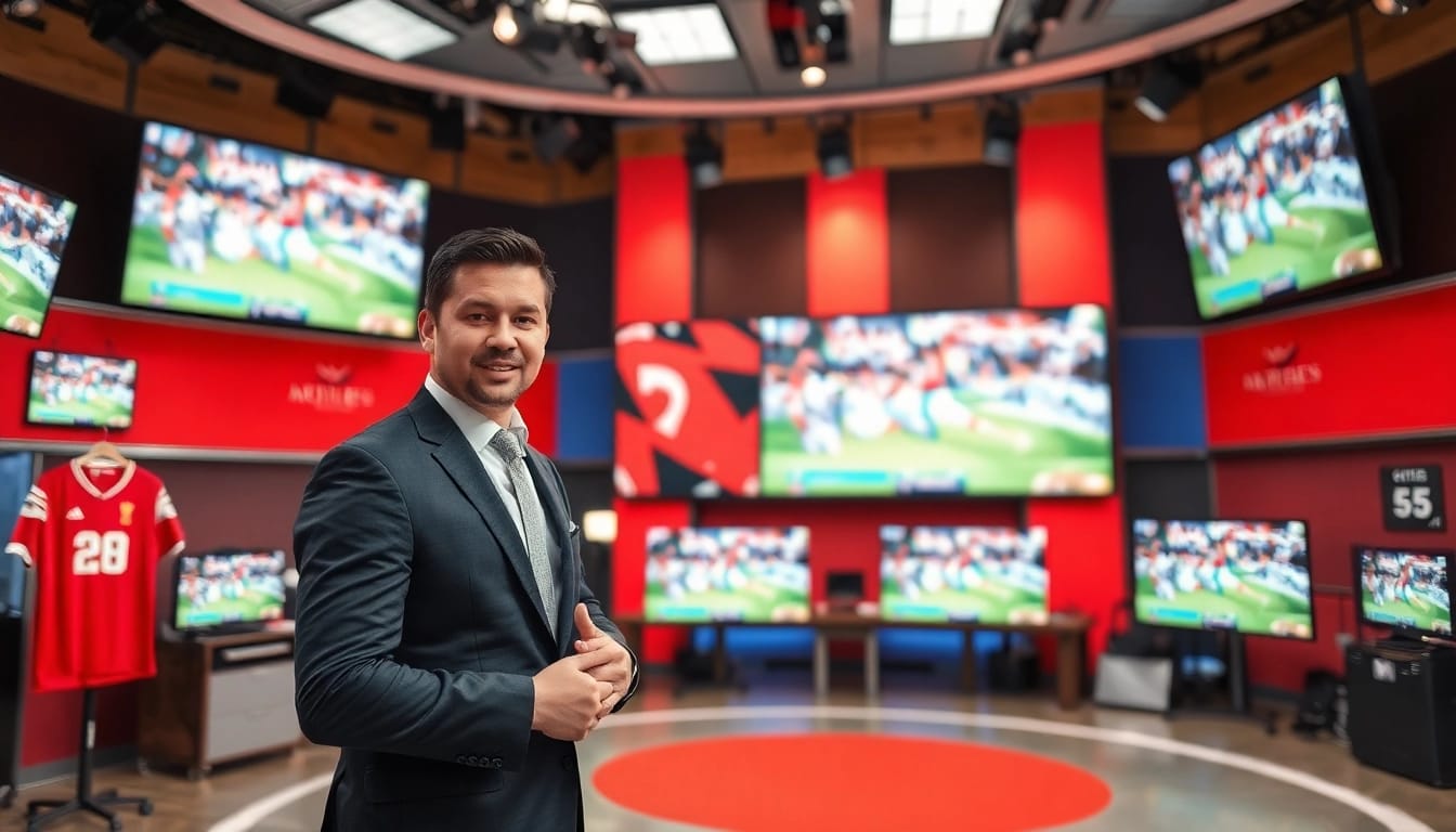 Engaging scene of sports broadcasting, featuring a lively studio with anchors presenting live events.