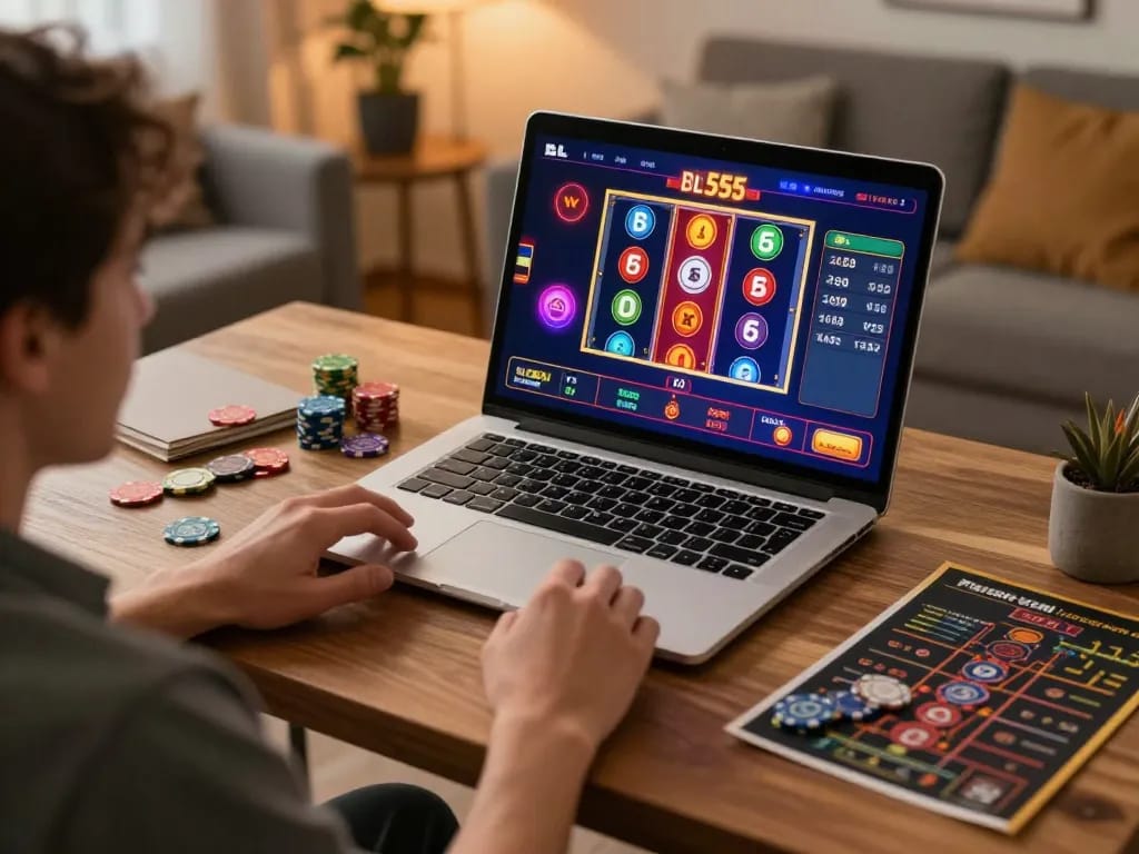 Engaging gameplay at BL 555 online casino displayed on a modern laptop in a cozy home setting.