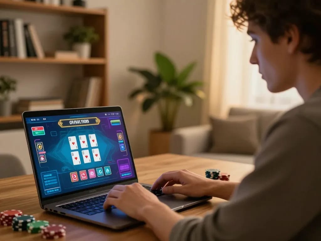 Engaging gameplay at TT88 online casino with player on laptop revealing poker strategy.