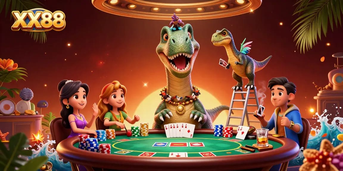 Join the excitement at XX88 as dinosaurs deal cards over a vibrant poker game scene.
