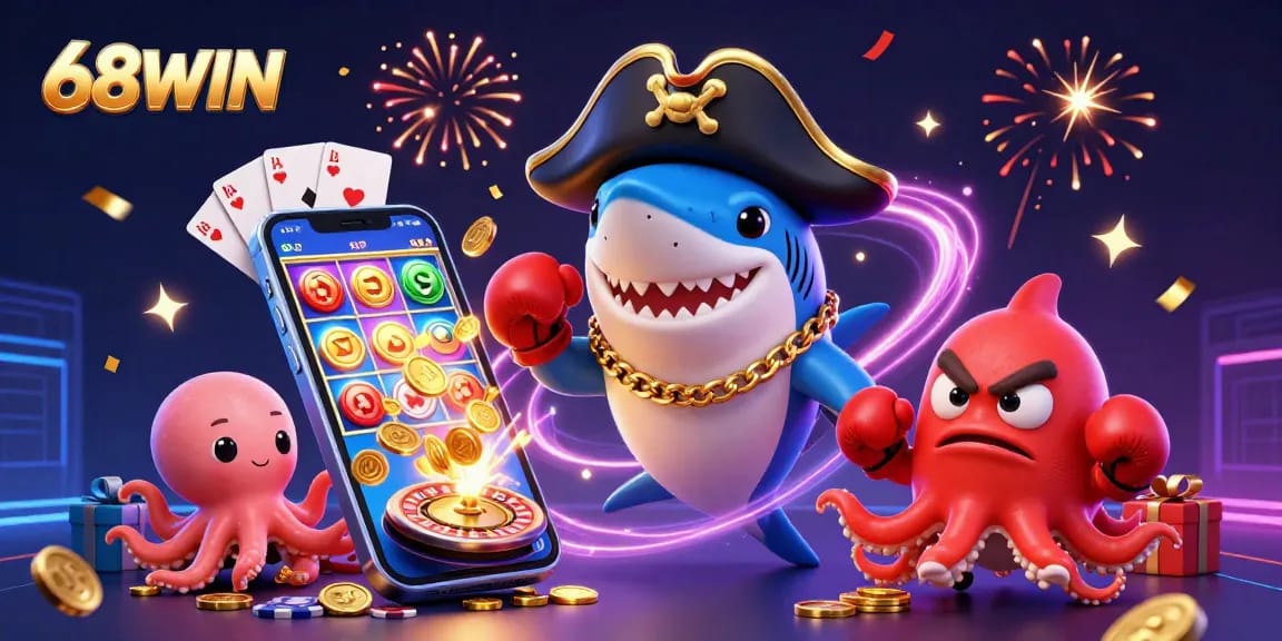 Experience thrilling gaming action with 68WIN as playful characters engage in exciting casino adventures.