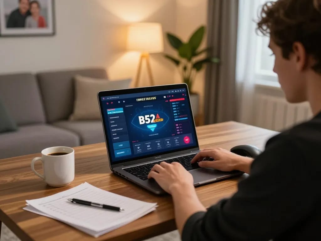 B52club player engaging with live poker, showcasing a cozy gaming setup at home with coffee.
