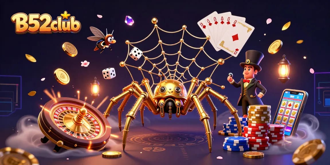 B52club's steampunk spider spins a web of luck among cascading coins and poker chips, capturing the gaming thrill.