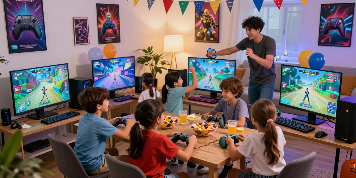 Exciting video gaming party with kids engaging in multiplayer matches, colorful setup, and snacks.