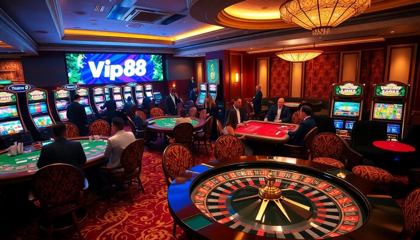 Excited players enjoying games at Vip88 casino with vibrant slot machines and plush tables.