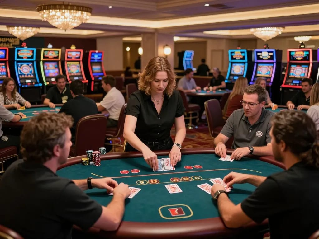 Players engaged in game bài đổi thưởng at a casino poker table, showcasing excitement and strategy in a lively setting