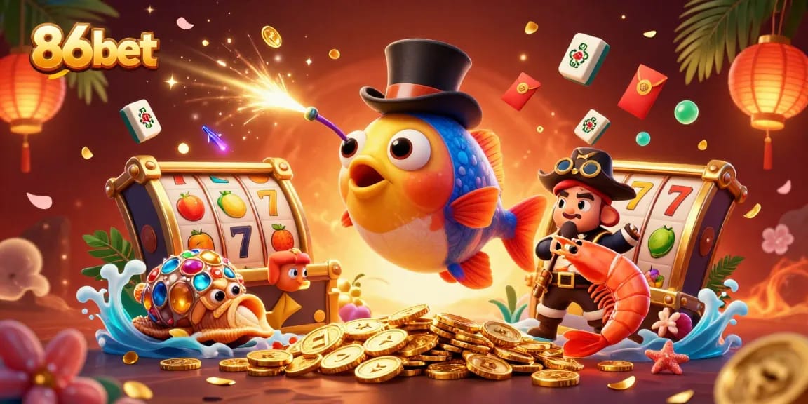 Engage with 86bet's thrilling slots scene featuring a deep-sea anglerfish, pirate shrimp, and gemstone snail.