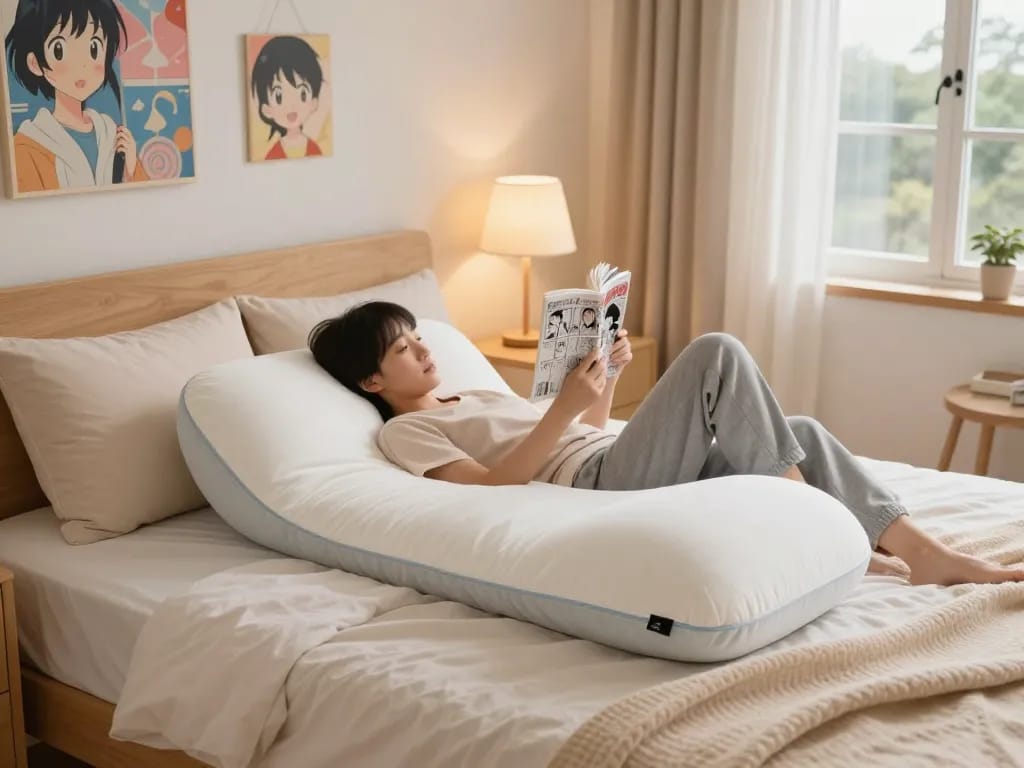 Custom dakimakura body pillow featured in a cozy anime-themed bedroom setting with a reader.