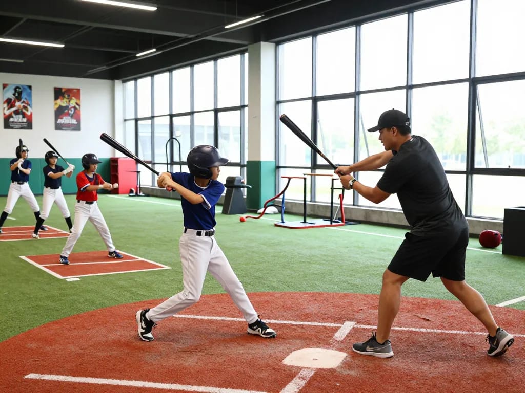 Youth training at the hitclub baseball facility, practicing hitting techniques with coach guidance.
