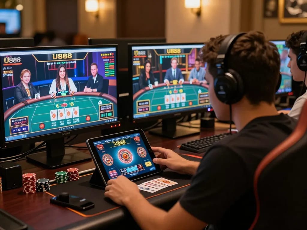 Player engaging with U888 online casino games on multiple screens in a cozy gaming setup.