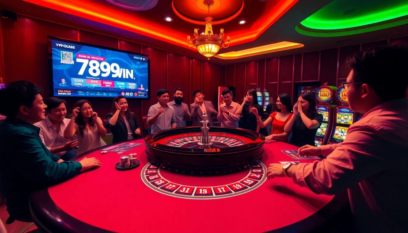 789WIN players enjoying a vibrant casino atmosphere at a roulette table.