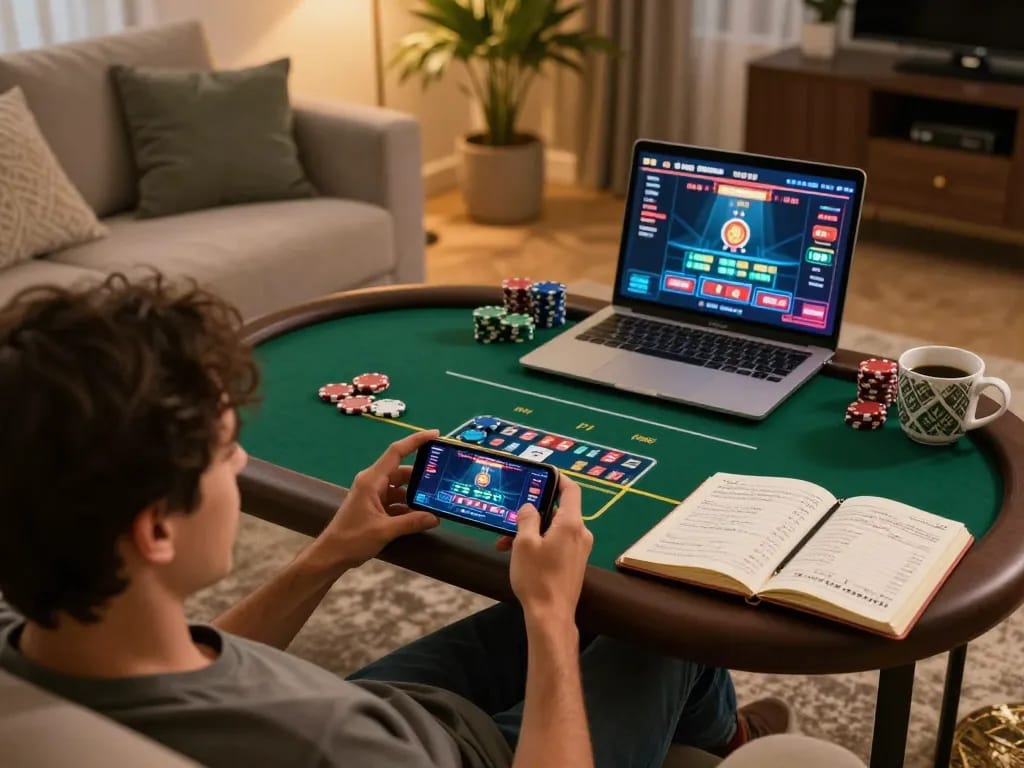 Engaging in a thrilling online game of poker with 58win on smartphone amidst a cozy home setting.