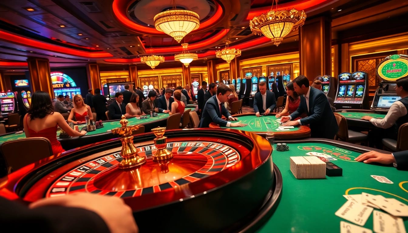 Engaged players enjoying casino games at 68VIP, showcasing poker tables, roulette wheels, and vibrant lighting.