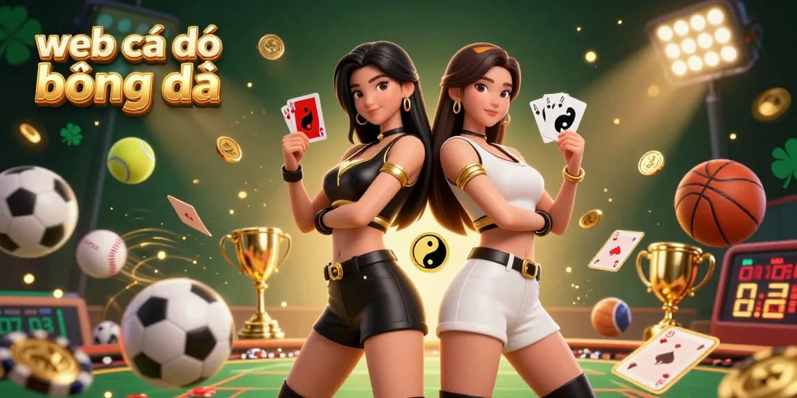 Engage with web cá độ bóng đá as twin Asian women hold playing cards in a dynamic sports betting scene.