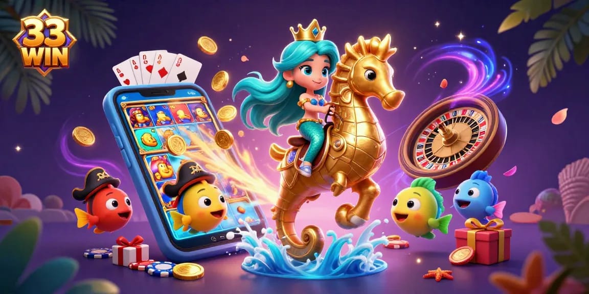 Engage with 33WIN's thrilling slots, illustrated by a vibrant mermaid and seahorse scene.