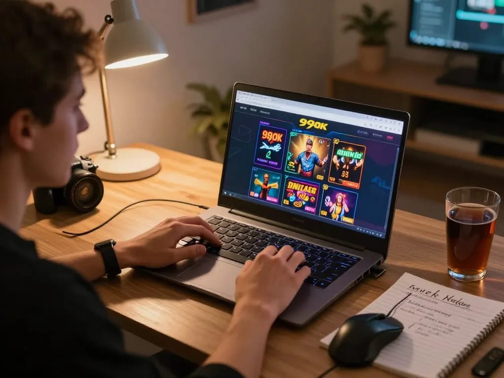 Engaging in online gaming with 99ok betting platform, showcasing strategic gameplay in cozy home office.