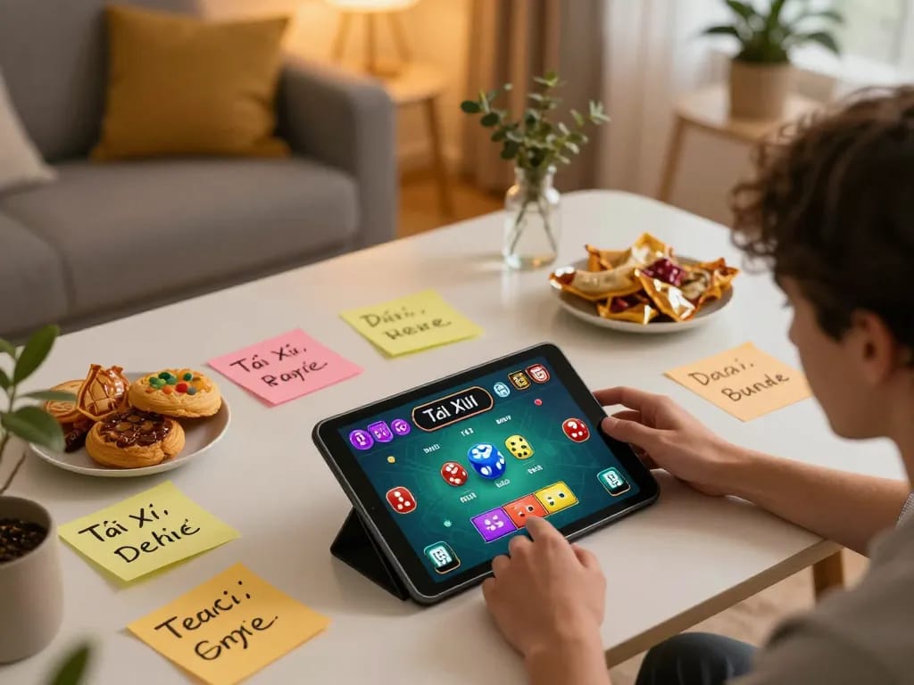 Engaging in game tài xỉu online with tablet displaying colorful dice outcomes, cozy home setup.