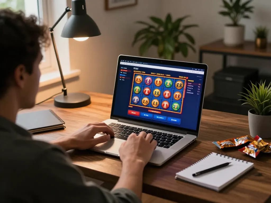 Player engaging with TR88 casino on laptop at home, showing strategy planning and online gaming.