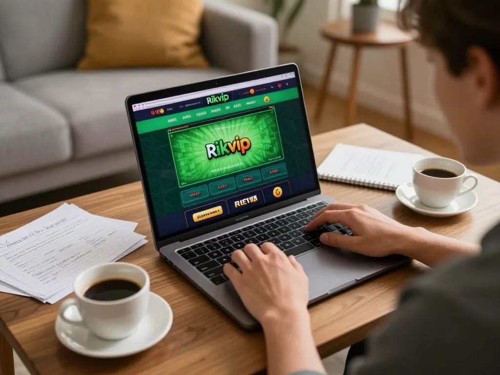 Player enjoying online casino games on Rikvip with a laptop in a cozy home setting.