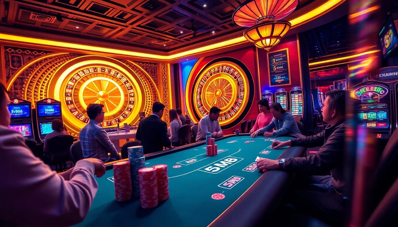 Engage with the thrill of casino gaming at a poker table featuring 5MB chips and stylish decor.