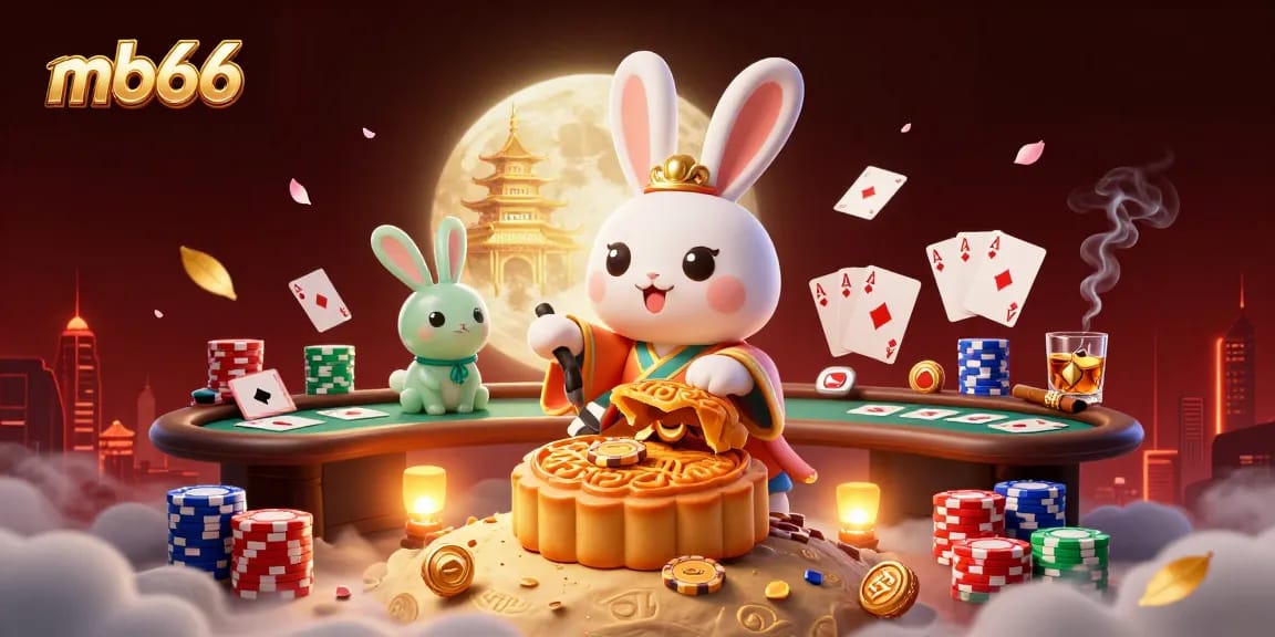 Experience the charm of mb66 as a moon rabbit reveals poker chips amidst vibrant casino elements.
